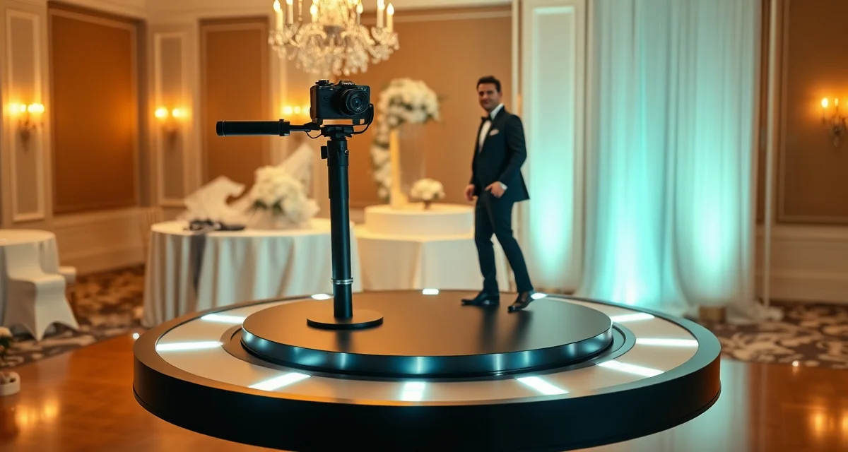 Modern 360-degree video booth platform with rotating camera arm capturing guests at wedding reception