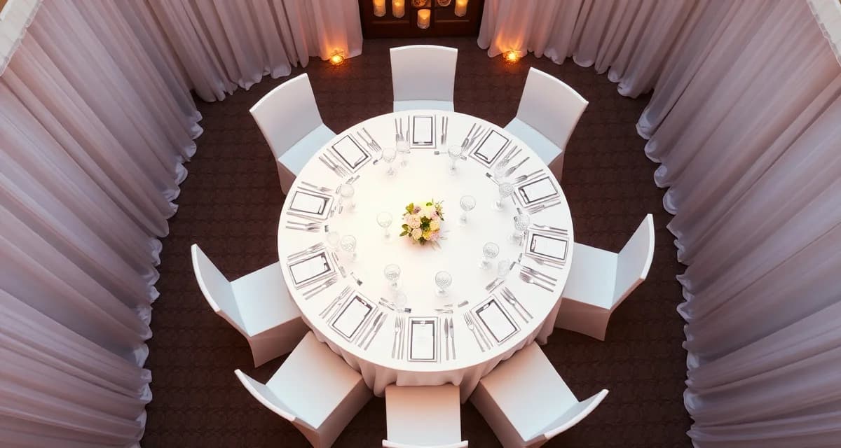 Elegant 60-inch round banquet table set for 8 guests with white linens and formal place settings for wedding reception