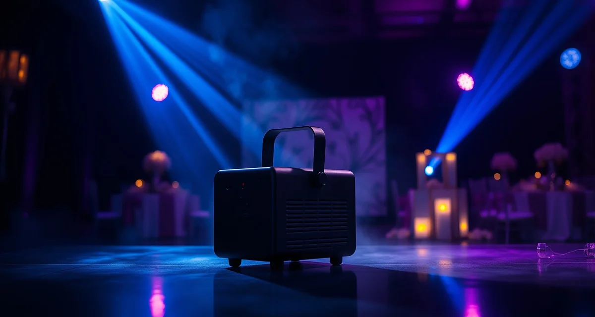 ADJ Entour Faze Machine producing fine atmospheric haze with dramatic lighting beams visible for wedding reception atmosphere.
