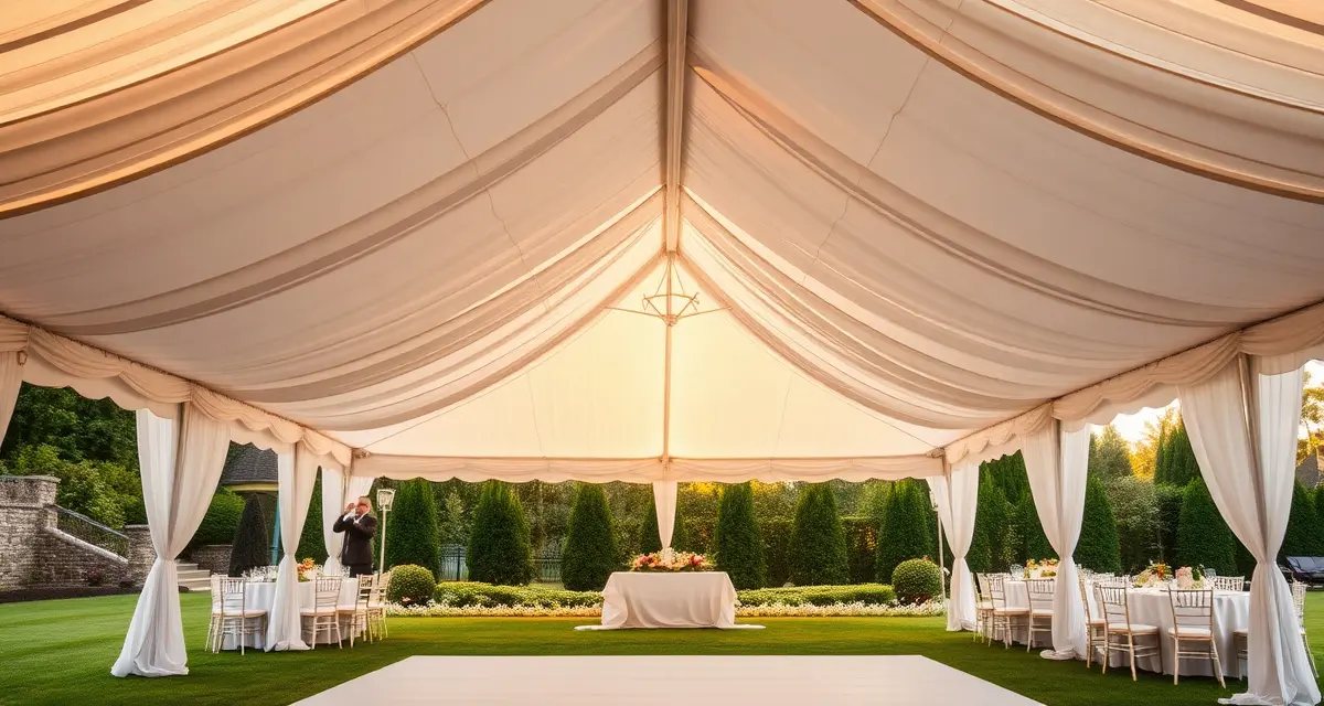 Anchor Century pole tent with peaked roofline installed at outdoor wedding venue, aluminum poles visible, draped interior