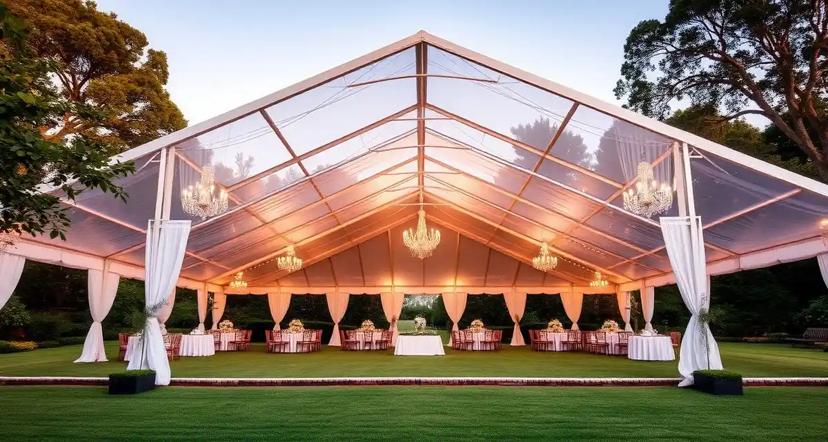 Large white frame tent structure for outdoor wedding reception setup, manufactured by Anchor Industries, North America's premier tent manufacturer.