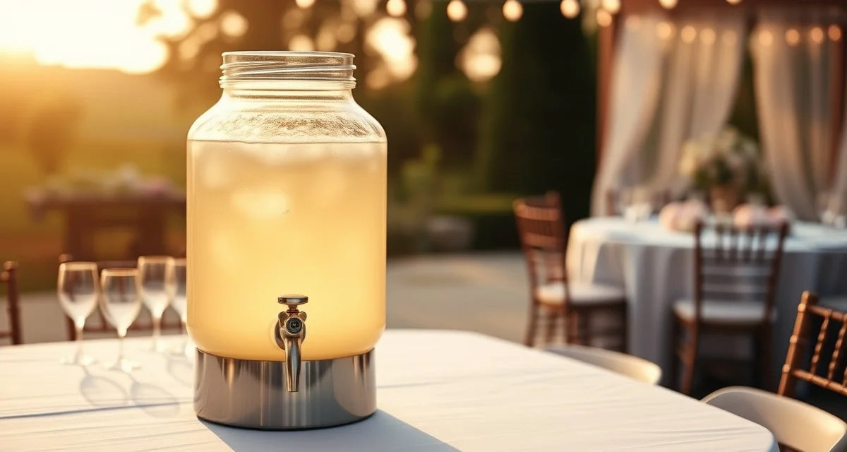 Cambro 5-gallon insulated beverage dispenser with spigot for self-serve drinks at wedding receptions