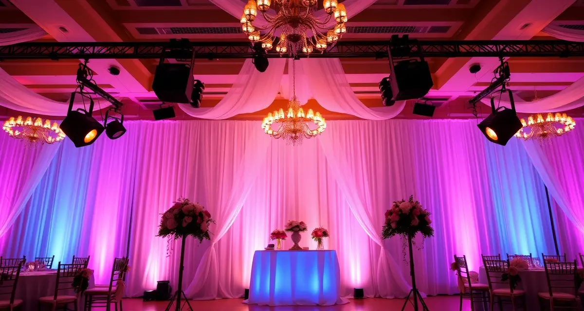 Chauvet DJ professional LED wash lights and uplighting equipment illuminating a luxury wedding venue ballroom with purple and blue ambient lighting