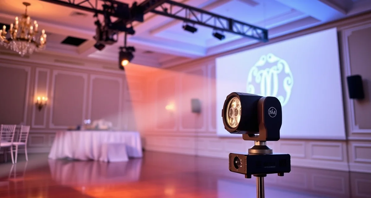 Chauvet Intimidator Spot 360 moving head light projecting monogram gobo on ballroom wall during wedding reception