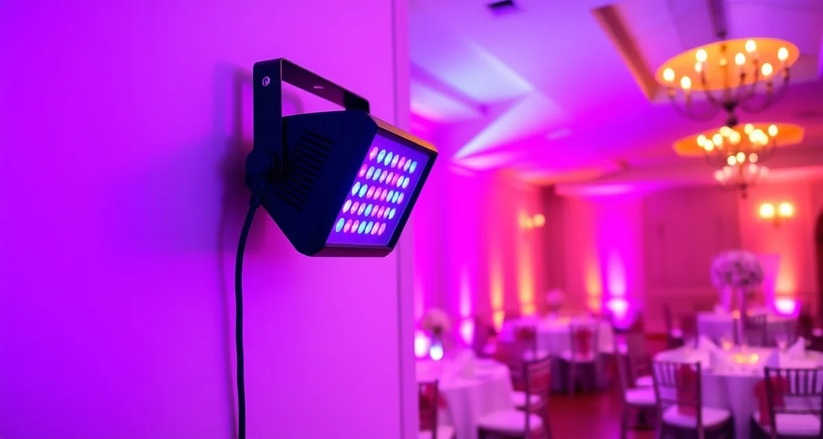 Chauvet Slimpar Pro H USB hex-color LED wash light mounted for wedding venue uplighting with warm amber and UV color mixing effects