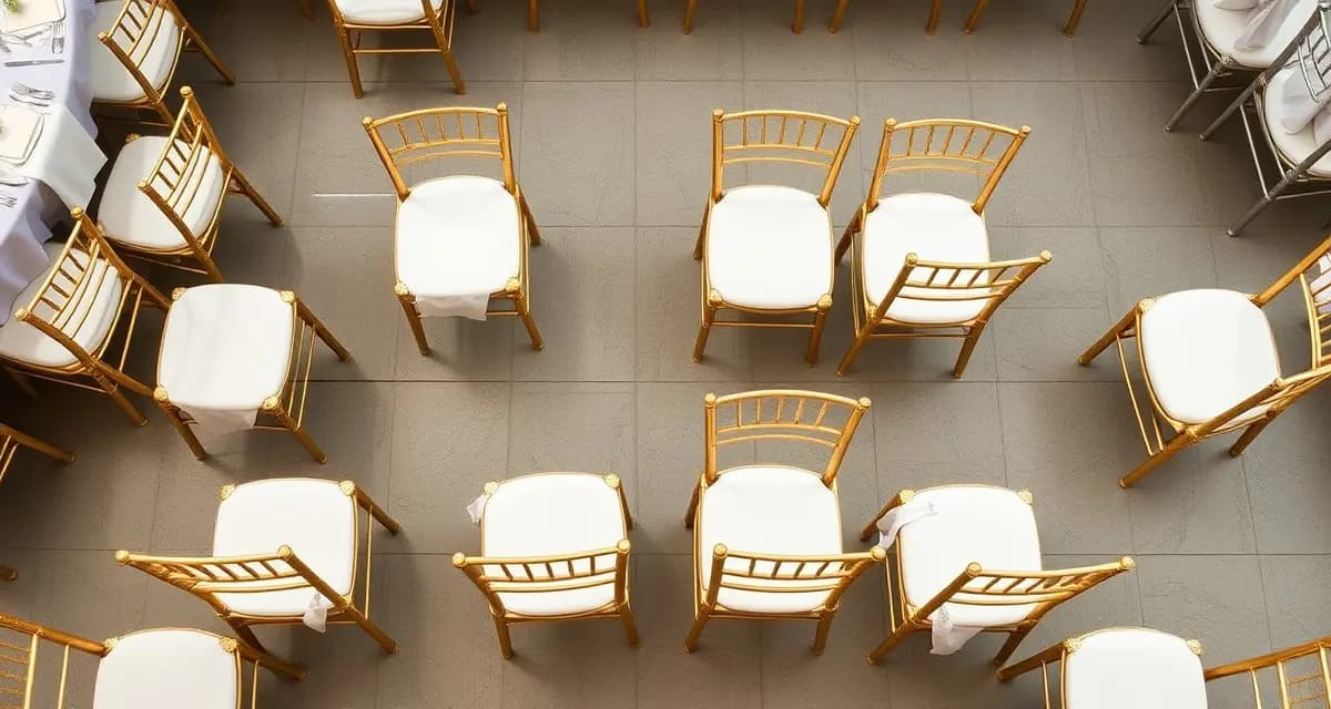 Gold and silver Chiavari chairs stacked for wedding reception rental, featuring elegant design with cushions