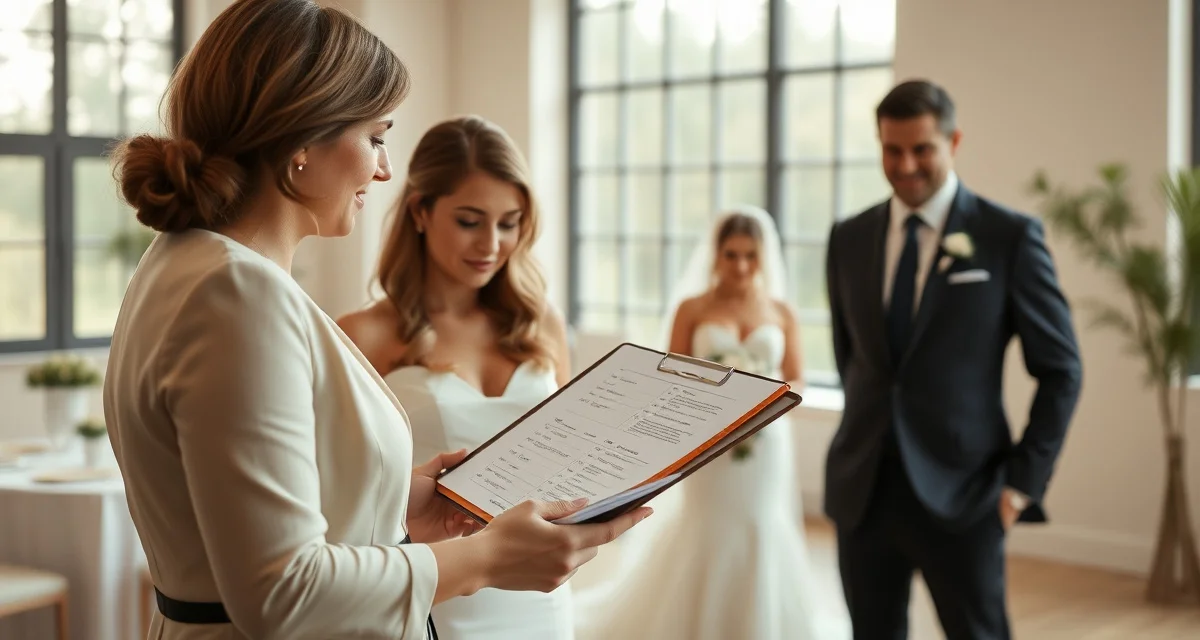 Professional wedding day coordinator managing timeline and vendor details during wedding ceremony preparation
