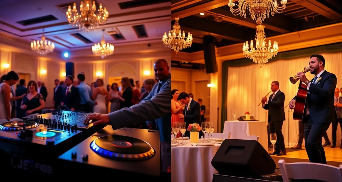 DJ vs live band wedding comparison showing professional DJ with turntables and live musicians performing for wedding guests.