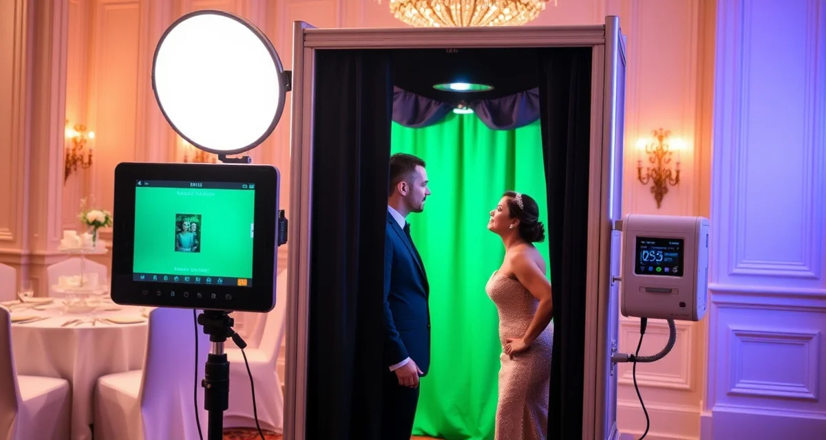 Professional DSLR photo booth system with touchscreen interface and studio lighting for wedding events