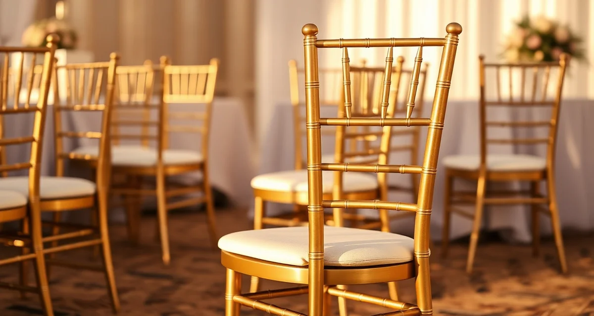 Gold resin Chiavari chair with ivory cushion, elegant stackable wedding reception seating option