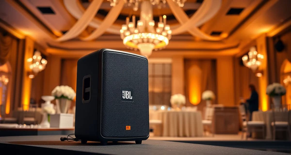 JBL EON715 powered speaker with 15-inch woofer displayed at elegant wedding reception venue with professional staging