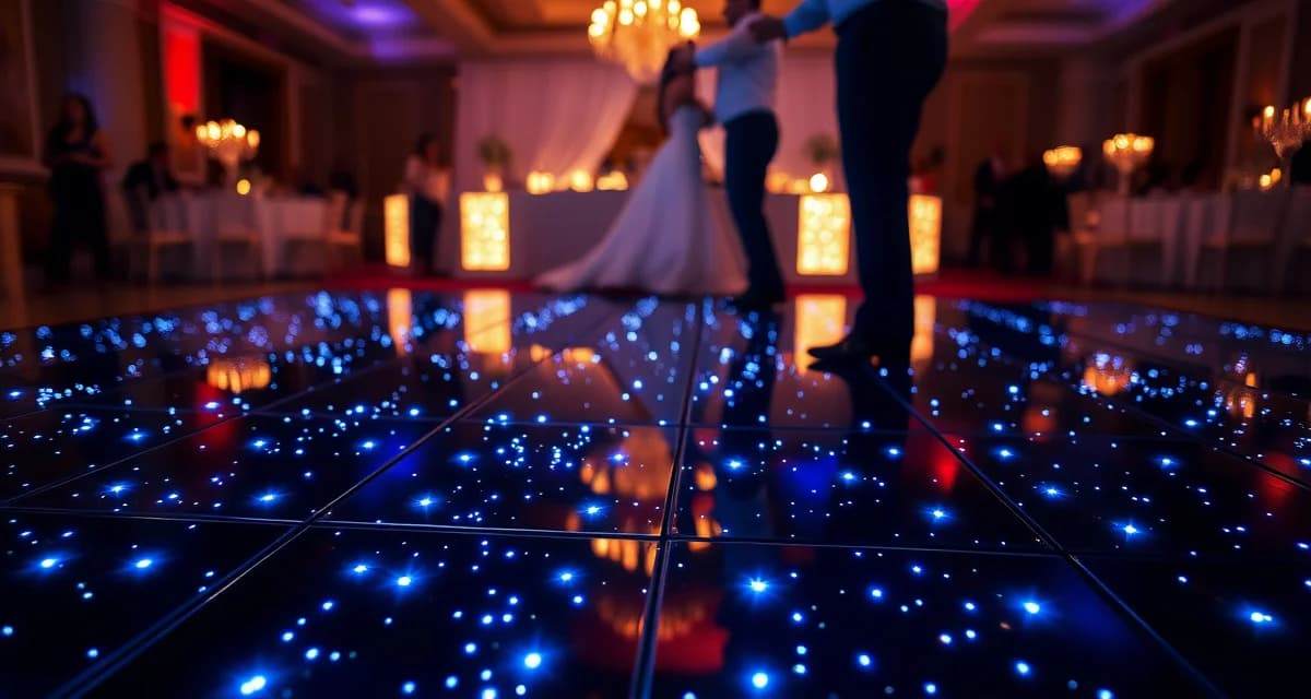 Illuminated LED starlit dance floor with modular panels creating dynamic blue and white lighting effects for wedding receptions