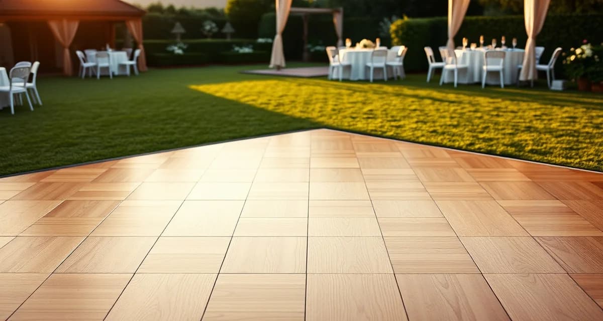 Modular interlocking portable dance floor panels in oak finish assembled outdoors for wedding event, demonstrating tool-free installation over grass terrain.