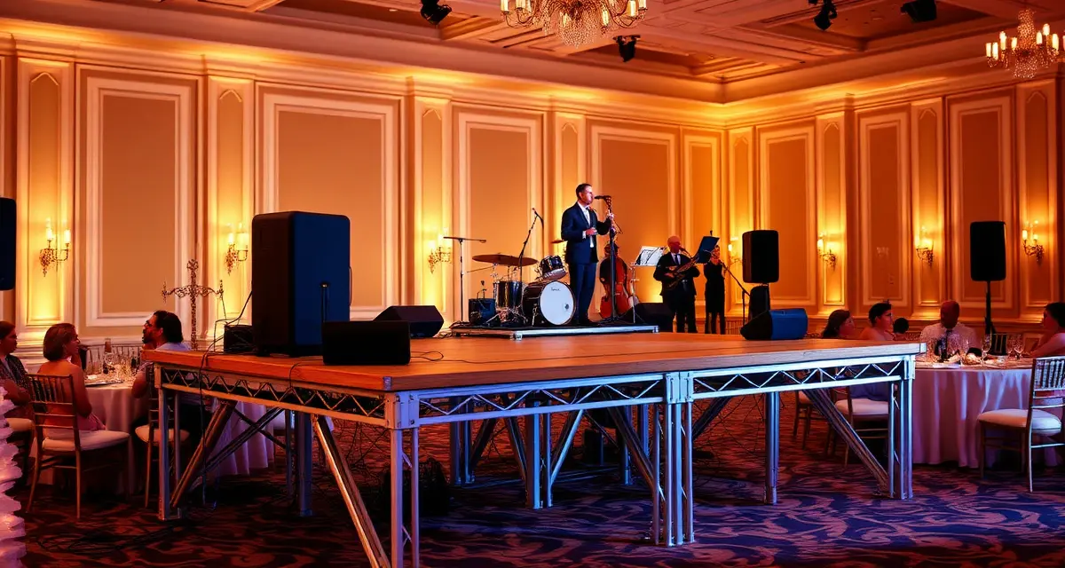 Modular portable stage deck system with aluminum frames and adjustable legs set up at a wedding reception for band performance