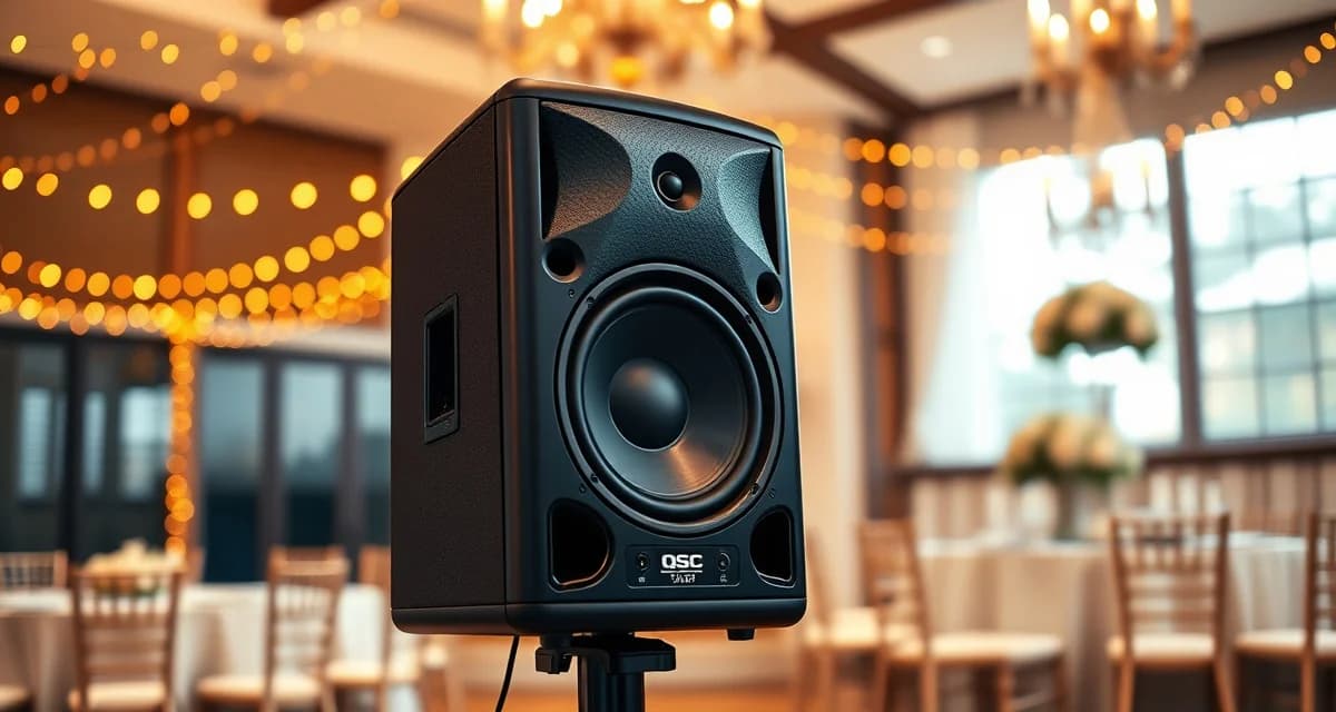 QSC K12.2 powered speaker with 12-inch woofer and built-in DSP, ideal for wedding DJ sound reinforcement at receptions.