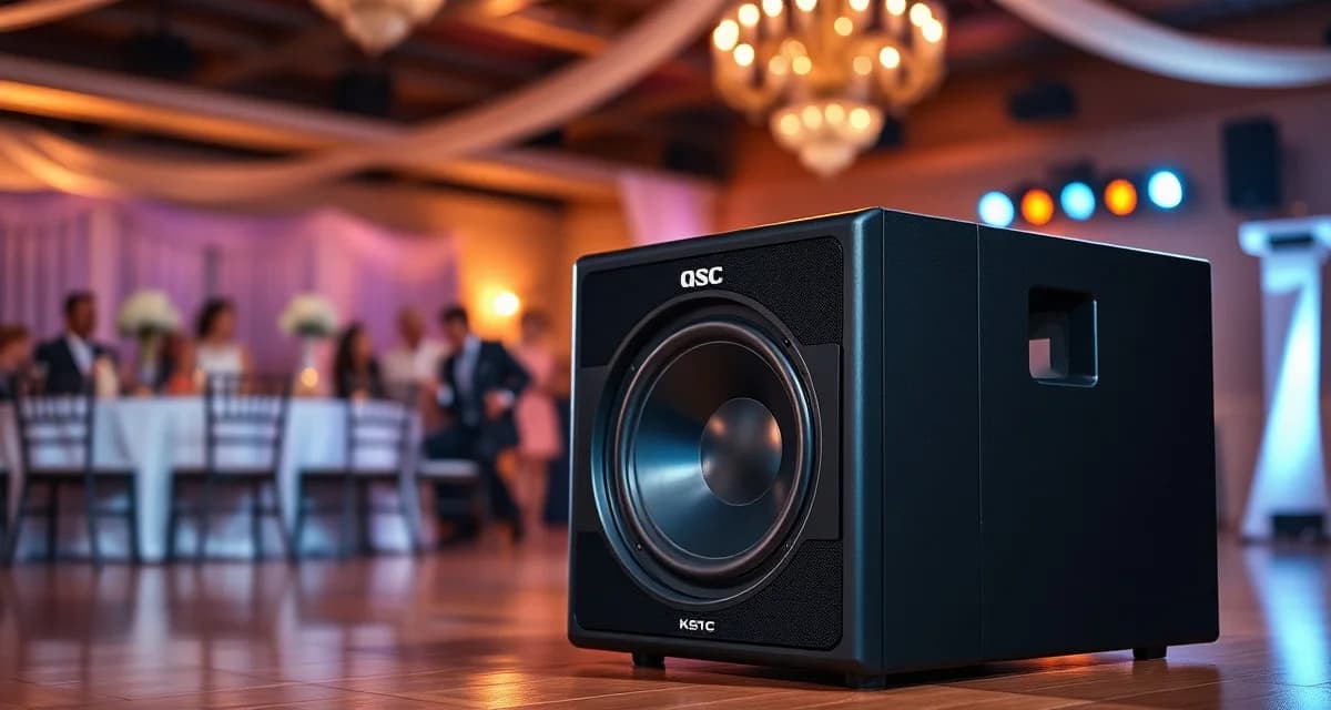 QSC KS118 powered subwoofer with 18-inch driver positioned on wedding reception dance floor for optimal bass coverage
