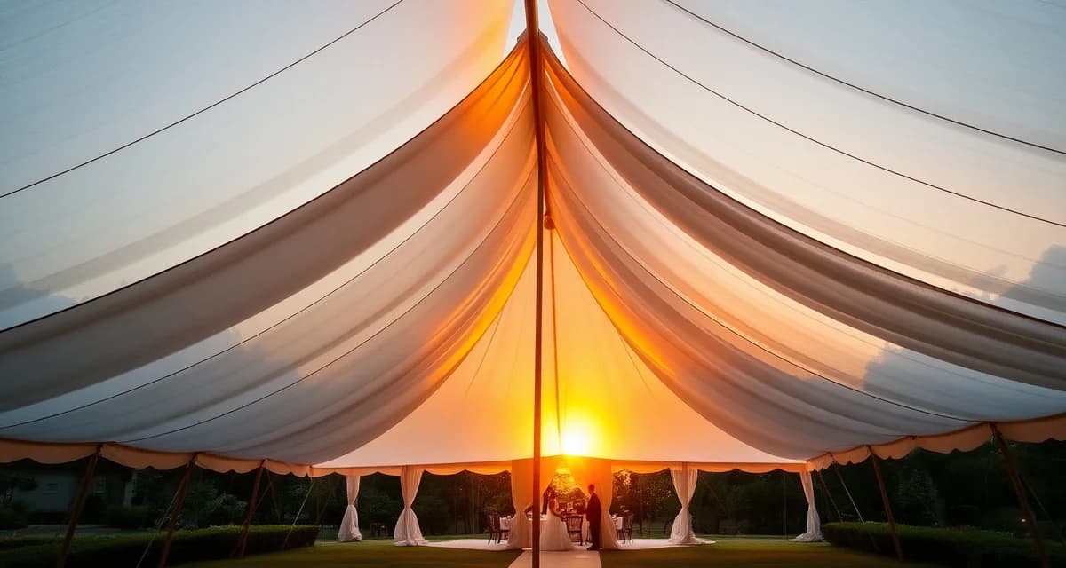 Translucent sailcloth wedding tent illuminated with warm golden light at night, featuring sculpted peaks and wooden poles for upscale outdoor weddings
