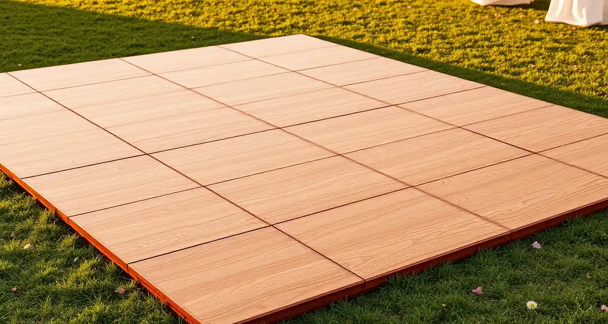 Snaplock oak dance floor panels interlocking together to create a stable dancing surface for outdoor wedding receptions