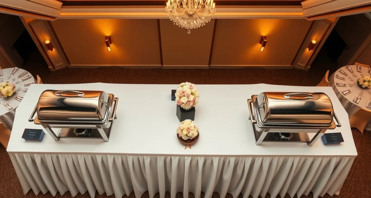 Vollrath stainless steel chafing dishes and buffet warmers displayed on an elegant wedding reception buffet table with warm lighting