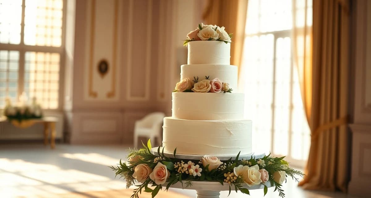 Three-tier white buttercream wedding cake with floral decorations on a marble stand, exemplifying classic wedding cake styles.