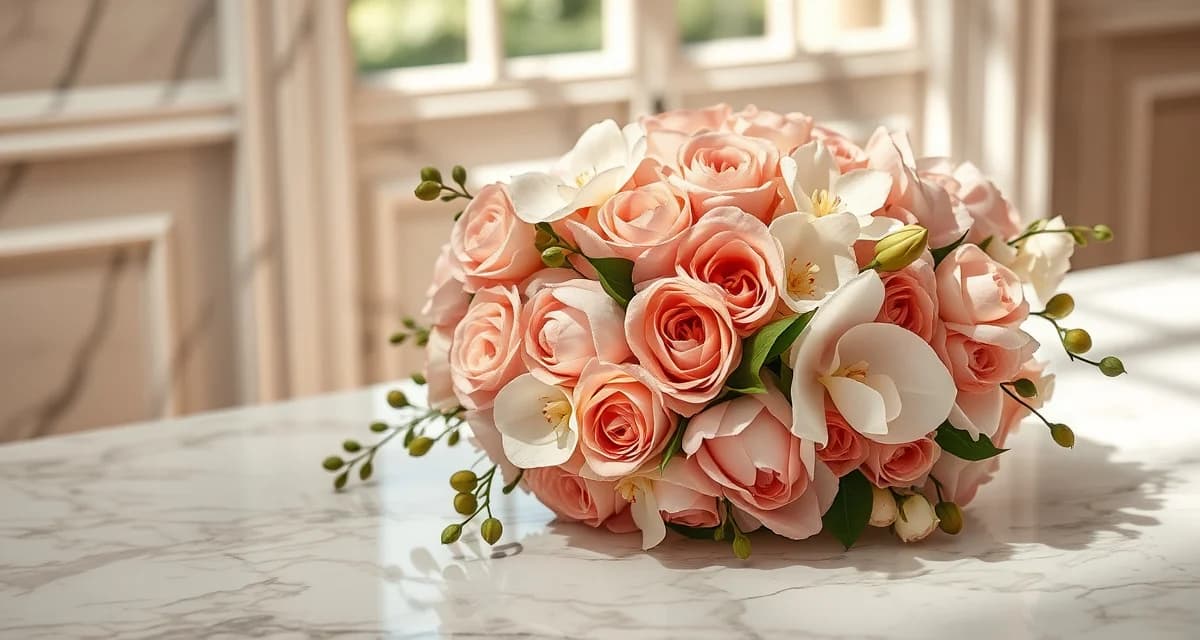 Luxury bridal bouquet with garden roses, peonies and orchids in blush tones, exemplifying premium wedding floral arrangement styles.
