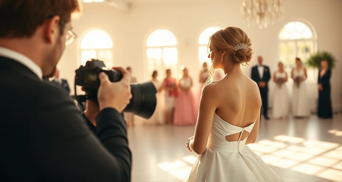 Professional wedding photographer capturing bride in various photography styles including candid documentary and traditional portraits