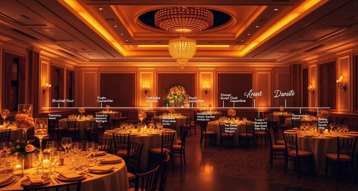 Wedding reception timeline showing minute-by-minute schedule from cocktail hour through dinner service and dancing with elegant ballroom ambiance.
