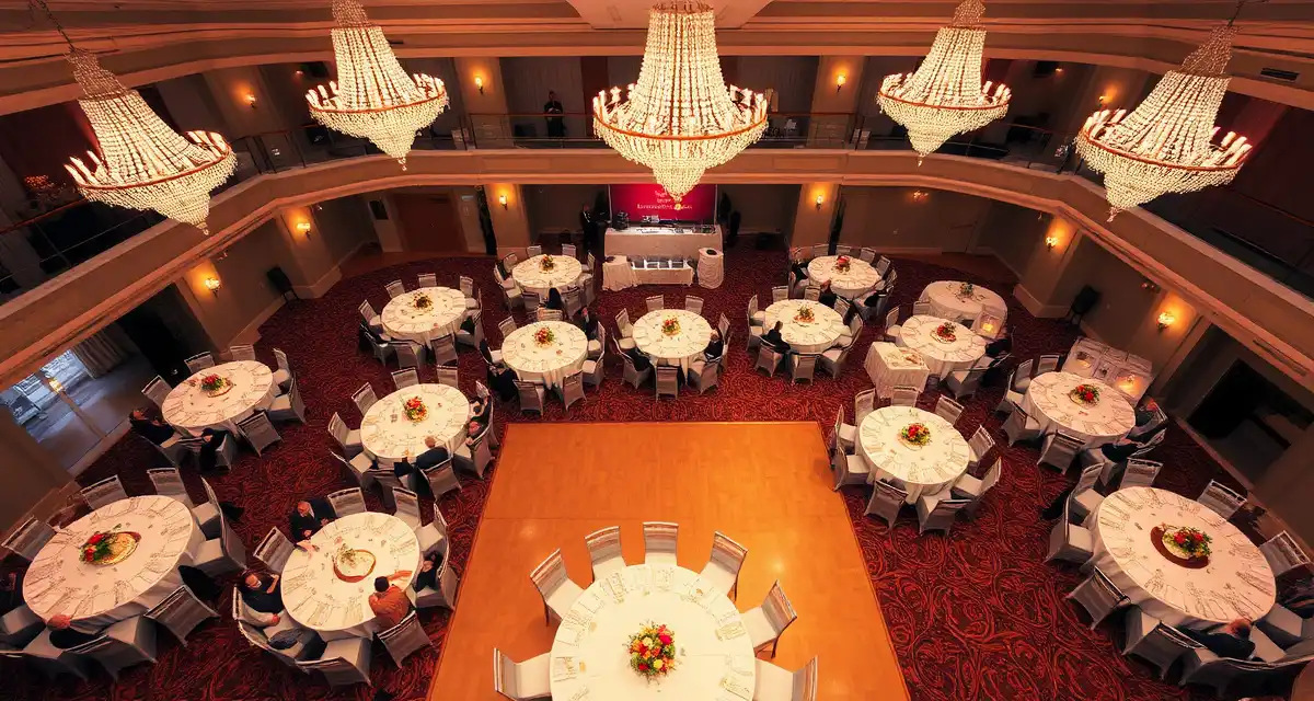 Overhead view of a wedding reception showing thoughtfully arranged round tables with guests seated for optimal conversation and venue views.