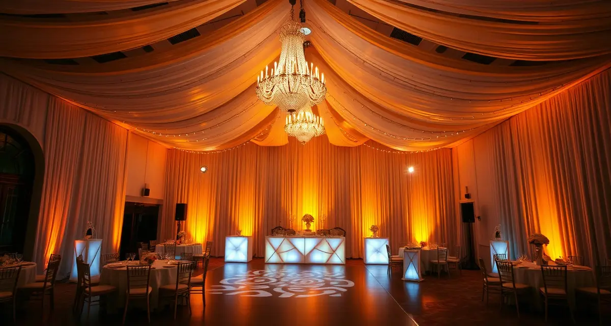 Elegant wedding reception venue transformed with warm amber uplighting, string lights, and gobo projections creating an inviting atmosphere.