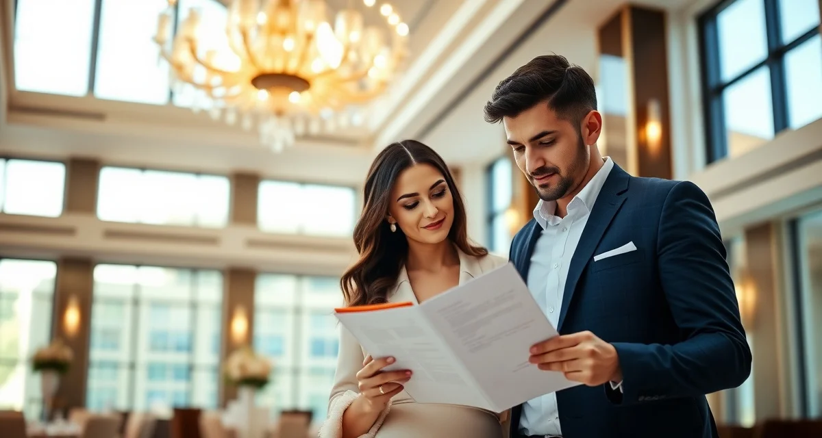 Couple reviewing wedding venue selection criteria and contract during venue tour consultation
