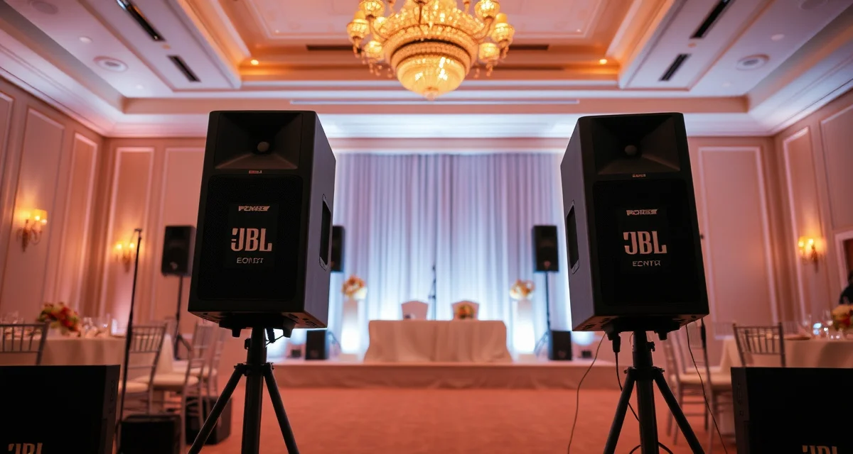 Professional audio speakers for wedding events JBL Professional EON and PRX series powered speakers set up for wedding reception audio system with professional sound equipment