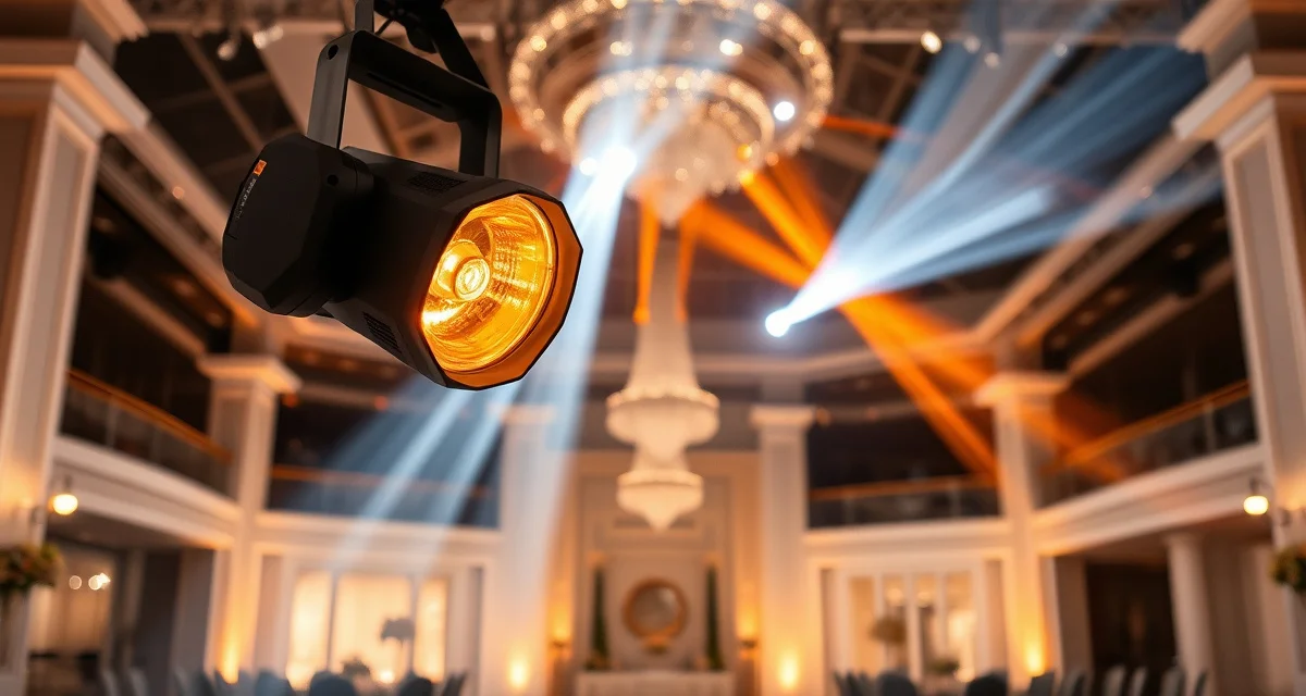 Premium event lighting equipment for upscale weddings Martin Harman professional moving head lighting fixtures illuminating a luxury wedding venue with warm architectural lighting