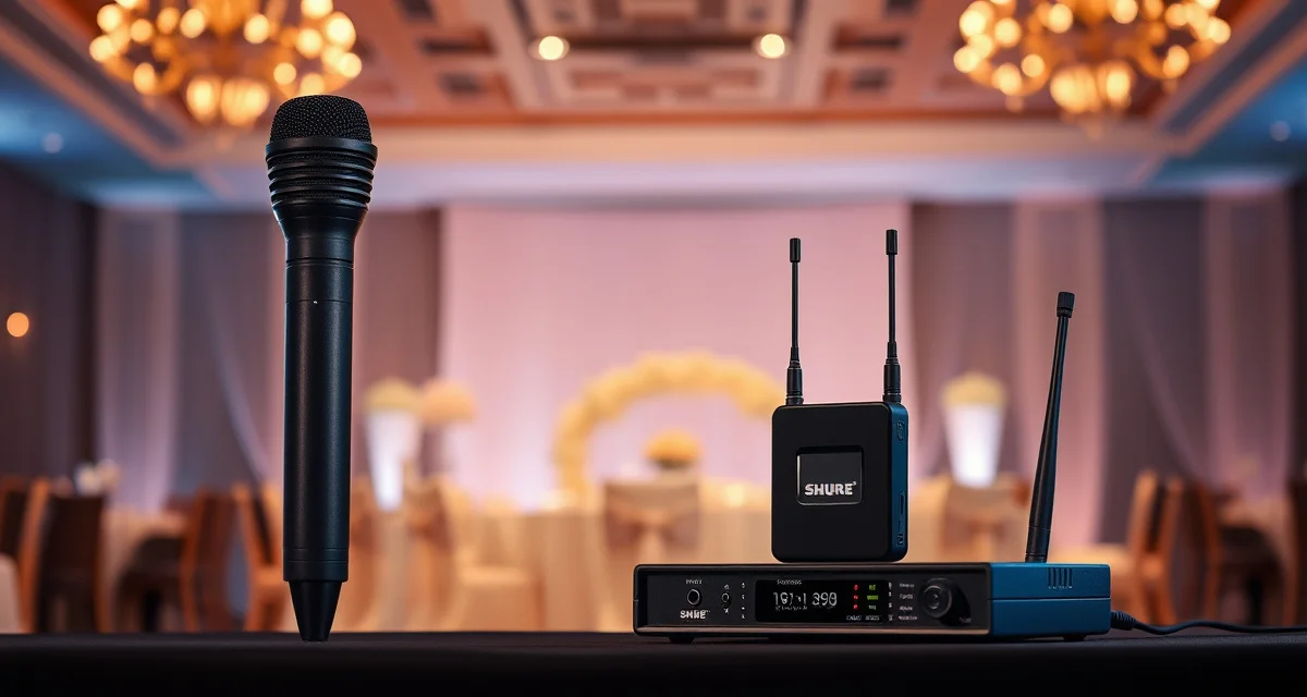 Professional audio equipment for wedding venues Shure SM58 wireless microphone system for professional wedding ceremonies and speeches with modern transmitter pack